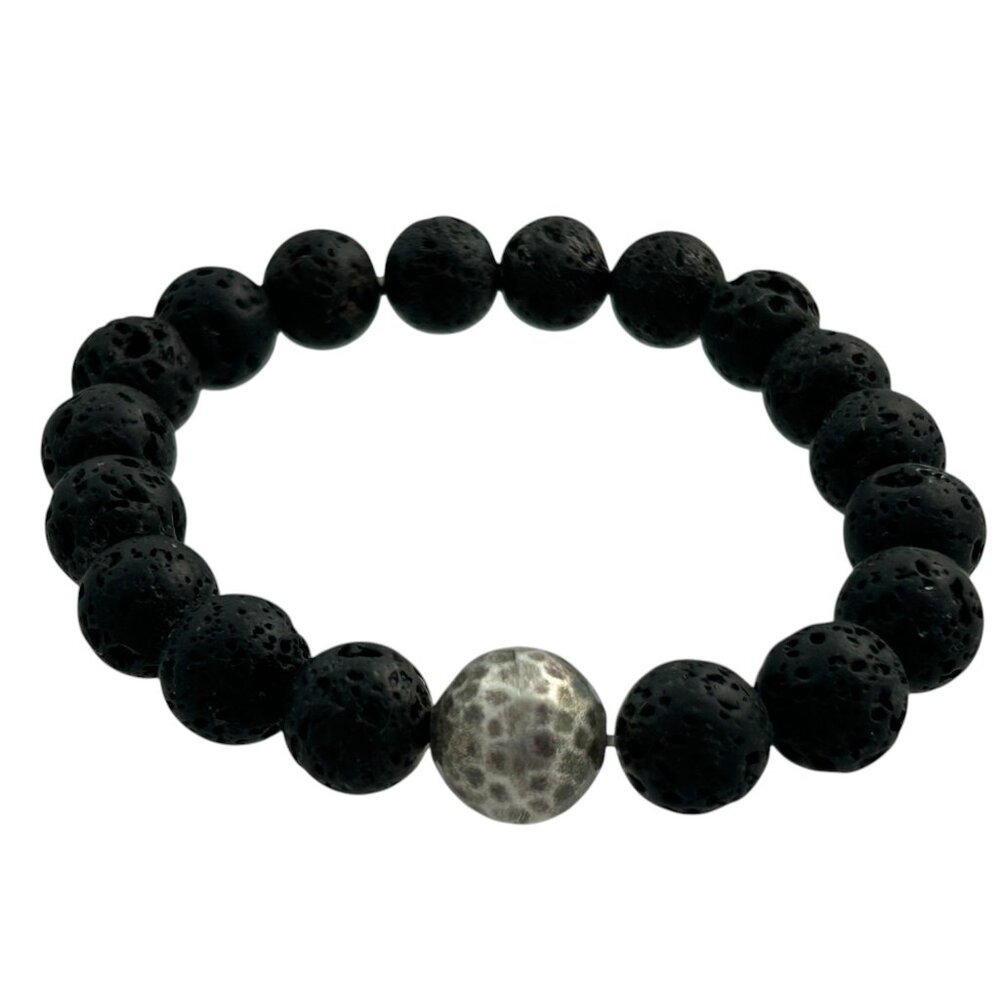 Black Lava Rock Stretch Bracelet Single Silver Accent Bead Unisex Handmade